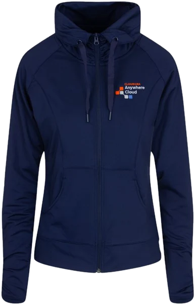Women's full zip hoodie in navy with Anywhere Cloud logo